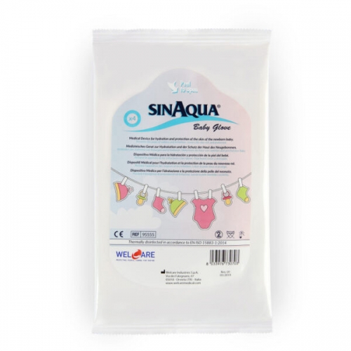 SINAQUA BABY - São compressas de viscose, em formato de luva, para absorção de impurezas, hidratação, prevenção e proteção da pele do recém-nascido e da criança.